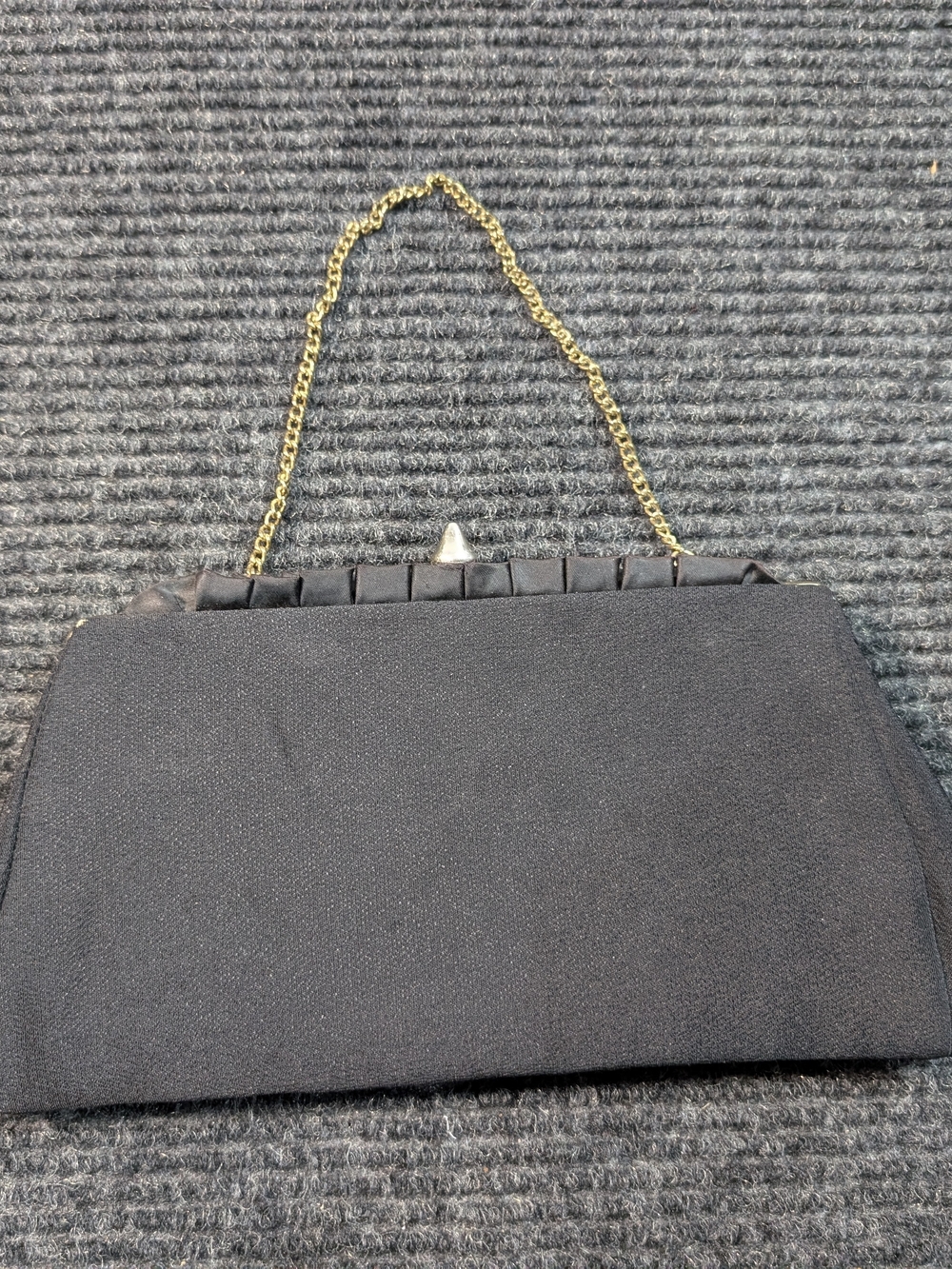 Vintage 50s 60s Black Crepe Pleated Frame Evening Bag Gold Chain Strap Clutch